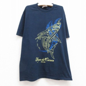 古着 半袖 ビンテージ Tシャツ キッズ ボーイズ 子供服 00年代 00s サメ コットン クルーネック 紺 ネイビー 中古 古着