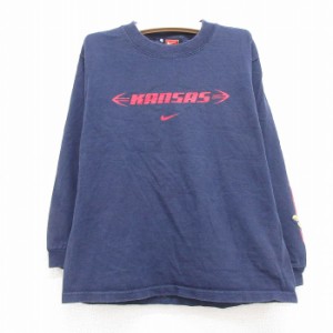 古着 ナイキ NIKE 長袖 ビンテージ Tシャツ キッズ ボーイズ 子供服 00年代 00s カンザス コットン クルーネック 紺 ネイビー 中古 古着