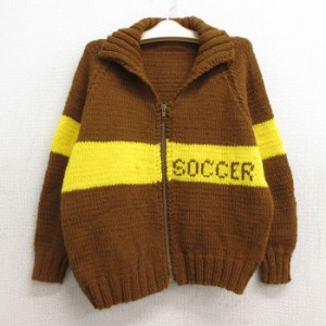 古着 長袖 フルジップ ニット カーディガン カウチン セーター キッズ ボーイズ 子供服 70年代 70s サッカー 襟付き ラグラン  中古 古着