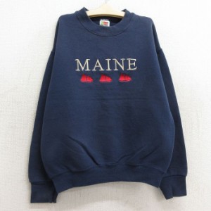 古着 フルーツオブザルーム 長袖 スウェット キッズ ボーイズ 子供服 90年代 90s MAINE ヨット 刺繍 クルーネック 紺 ネイビー 中古 古着