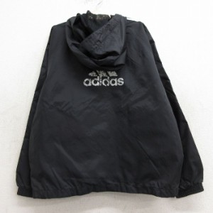 古着 アディダス adidas 長袖 ナイロン スウェット パーカー キッズ ボーイズ 子供服 90年代 90s ビッグロゴ ラグラン 黒 ブラ 中古 古着