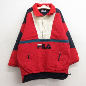 古着 フィラ FILA 長袖 ナイロン ジャケット キッズ ボーイズ 子供服 90年代 90s ビッグロゴ 襟フリース スナップT 赤他 レッ 中古 古着