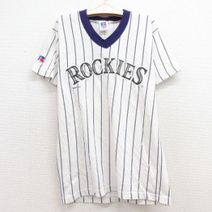 古着 ラッセル 半袖 ビンテージ Tシャツ キッズ ボーイズ 子供服 90年代 90s MLB コロラドロッキーズ Vネック USA製 白 ホワイ 中古 古着