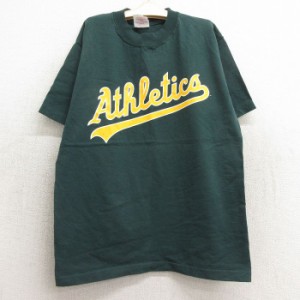 古着 マジェスティック 半袖 Tシャツ キッズ ボーイズ 子供服 MLB オークランドアスレチックス 12 コットン クルーネック 緑  中古 古着