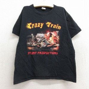 古着 半袖 Tシャツ キッズ ボーイズ 子供服 電車 バス CRAZY TRAIN コットン クルーネック 黒 ブラック 中古 古着