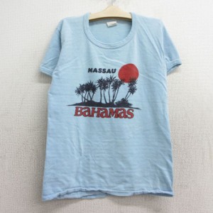 古着 半袖 ビンテージ Tシャツ キッズ ボーイズ 子供服 70年代 70s バハマ ヤシの木 コットン クルーネック 水色 霜降り 中古 古着