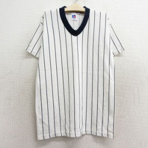 古着 ラッセル 半袖 ビンテージ Tシャツ キッズ ボーイズ 子供服 00年代 00s Vネック USA製 白他 ホワイト ストライプ spe 中古 古着