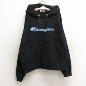 古着 長袖 チャンピオン champion リバースウィーブ パーカー キッズ ボーイズ 子供服 ビッグロゴ 黒 ブラック 中古 古着