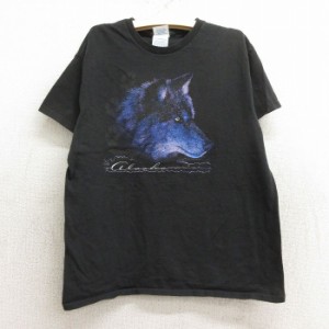 古着 半袖 Tシャツ キッズ ボーイズ 子供服 オオカミ コットン クルーネック 黒 ブラック 中古 古着