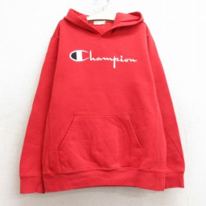 古着 長袖 チャンピオン champion リバースウィーブ パーカー キッズ ボーイズ 子供服 ビッグロゴ 赤 レッド 中古 古着