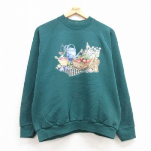 古着 長袖 スウェット レディース 90年代 90s くだもの 花 ラグラン クルーネック 緑 グリーン 中古 スエット トレーナー トッ 中古 古着