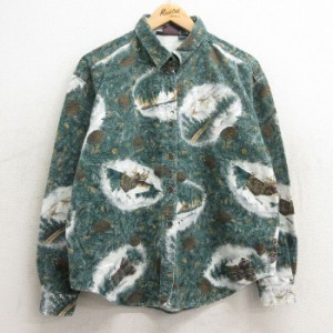 古着 ウールリッチ WOOLRICH 長袖 フランネル シャツ レディース 90年代 90s 松ぼっくり 小屋 総柄 コットン USA製 緑他 グリ 中古 古着