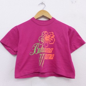 古着 半袖 ビンテージ Tシャツ レディース 80年代 80s バハマ ハイビスカス クルーネック ショート丈 USA製 ピンク 中古 Tシャツ 古着