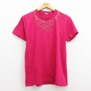 古着 半袖 ビンテージ Tシャツ レディース 80年代 80s 花 ハンドペイント ラメ クルーネック USA製 濃ピンク 中古 中古 古着