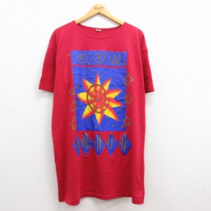 古着 半袖 ビンテージ Tシャツ ワンピース レディース 80年代 80s 太陽 星 大きいサイズ ロング丈 コットン クルーネック 赤  中古 古着