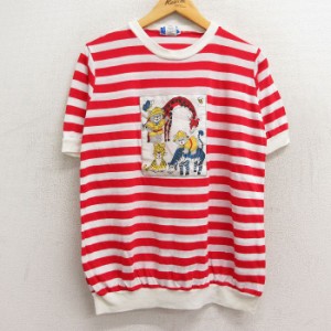 古着 半袖 ビンテージ Tシャツ レディース 80年代 80s クマ キリン シマウマ クルーネック USA製 赤他 レッド ボーダー 中古 中古 古着