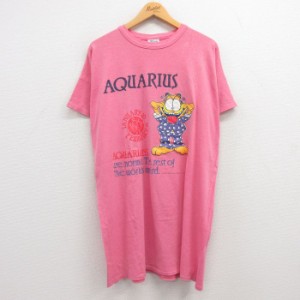 古着 半袖 ビンテージ Tシャツ ワンピース レディース 80年代 80s ガーフィールド ロング丈 クルーネック USA製 ピンク 中古 中古 古着