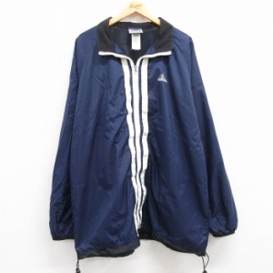 古着 アディダス adidas 長袖 ナイロン ジャケット メンズ 90年代 90s ワンポイントロゴ 大きいサイズ ロング丈 ラグラン 紺  中古 古着