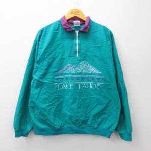 古着 長袖 ハーフジップ トップス メンズ 90年代 90s タホ湖 山 コットン USA製 青緑 Lサイズ 中古 アウター 中古 古着