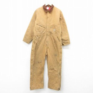 古着 カーハート Carhartt 長袖 ツナギ メンズ 90年代 90s ダック地 大きいサイズ 茶 ブラウン 内側キルティング W43 中古 オ 中古 古着