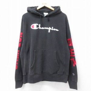 古着 長袖 チャンピオン Champion リバースウィーブ パーカー メンズ ビッグロゴ 黒 ブラック XLサイズ 中古 スウェット スエ 中古 古着