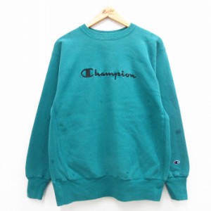 古着 長袖 チャンピオン Champion リバースウィーブ メンズ 90年代 90s ビッグロゴ クルーネック USA製 青緑 Lサイズ 中古 ス 中古 古着