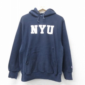 古着 長袖 チャンピオン Champion リバースウィーブ パーカー メンズ 00年代 00s NYU 紺 ネイビー Lサイズ 中古 スウェット ス 中古 古着