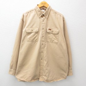 古着 カーハート Carhartt 長袖 ブランド シャツ メンズ 90年代 90s 大きいサイズ ロング丈 ボタンダウン ベージュ カーキ XL 中古 古着