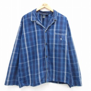 古着 ラルフローレン Ralph Lauren 長袖 ブランド パジャマ シャツ メンズ ワンポイントロゴ コットン 開襟 オープンカラー 紺 中古 古着