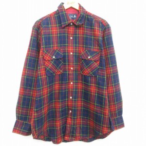 古着 JCペニー 長袖 ウール シャツ メンズ 90年代 90s ロング丈 紺他 ネイビー タータンチェック XLサイズ 中古 トップス 中古 古着