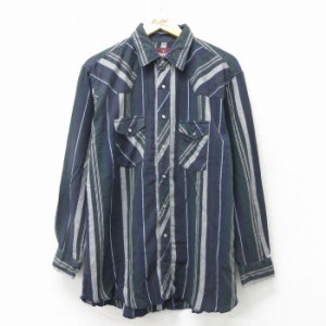 古着 ラングラー Wrangler 長袖 ウエスタン フランネル シャツ メンズ 紺他 ネイビー ストライプ XLサイズ 中古 トップス 中古 古着