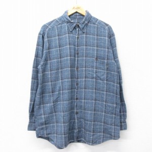 古着 ウールリッチ WOOLRICH 長袖 フランネル シャツ メンズ ロング丈 コットン ボタンダウン 薄紺 ネイビー チェック XLサイ 中古 古着