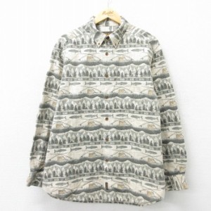 古着 ウールリッチ WOOLRICH 長袖 フランネル シャツ メンズ 魚 釣り 大きいサイズ ボタンダウン 薄ベージュ他 カーキ XLサイ 中古 古着