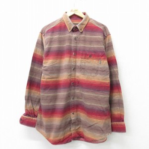 古着 ウールリッチ WOOLRICH 長袖 フランネル シャツ メンズ ロング丈 ボタンダウン 赤他 レッド ボーダー XLサイズ 中古 トッ 中古 古着