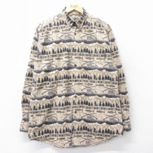 古着 ウールリッチ WOOLRICH 長袖 ヘビー フランネル シャツ メンズ 魚 釣り ロング丈 コットン ボタンダウン ベージュ他 カー 中古 古着