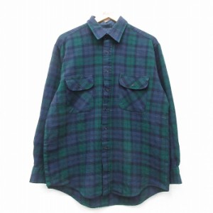 古着 長袖 シャツ メンズ 90年代 90s 紺他 ネイビー タータン チェック ブラックウォッチ Lサイズ 中古 トップス 中古 古着