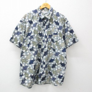 古着 ゲス GUESS 半袖 ブランド シャツ メンズ 90年代 90s 魚 総柄 大きいサイズ ロング丈 コットン USA製 グレー系他 XLサイ 中古 古着