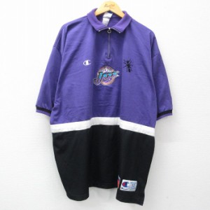 古着 チャンピオン champion 半袖 ハーフジップ トップス メンズ 00年代 00s NBA ユタジャズ 大きいサイズ ロング丈 紫他 パー 中古 古着