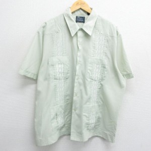 古着 HABAND 半袖 キューバ シャツ メンズ 90年代 90s 刺繍 大きいサイズ 薄緑 グリーン XLサイズ 中古 トップス 中古 古着