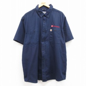 古着 カーハート Carhartt 半袖 シャツ メンズ Rtherk group ダック地 大きいサイズ ロング丈 ボタンダウン 紺 ネイビー XLサ 中古 古着