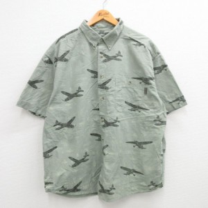 古着 ウールリッチ WOOLRICH 半袖 シャツ メンズ 飛行機 大きいサイズ 薄緑他系 グリーン XLサイズ 中古 トップス 中古 古着