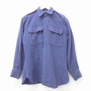 古着 長袖 ビンテージ ウール シャツ メンズ 60年代 60s マチ付き 大きいサイズ 紺系 ネイビー Mサイズ 中古 トップス 中古 古着