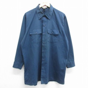 古着 ディッキーズ Dickies 長袖 ワーク シャツ メンズ 90年代 90s ロング丈 USA製 紺 ネイビー XLサイズ 中古 トップス 中古 古着