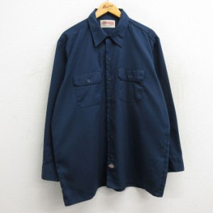 古着 ディッキーズ Dickies 長袖 ワーク シャツ メンズ 90年代 90s 大きいサイズ ロング丈 USA製 紺 ネイビー XLサイズ 中古  中古 古着