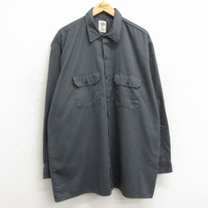 古着 ディッキーズ Dickies 長袖 ワーク シャツ メンズ 大きいサイズ ロング丈 濃グレー XLサイズ 中古 トップス 中古 古着