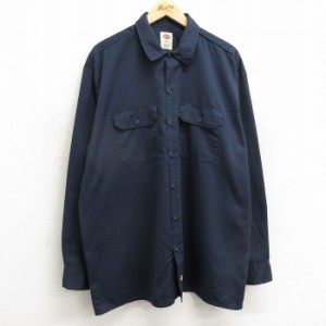 古着 ディッキーズ Dickies 長袖 ワーク シャツ メンズ 大きいサイズ ロング丈 紺 ネイビー XLサイズ 中古 トップス 中古 古着