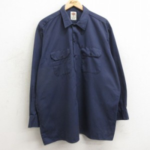 古着 ディッキーズ Dickies 長袖 ワーク シャツ メンズ 大きいサイズ ロング丈 紺 ネイビー XLサイズ 中古 トップス 中古 古着