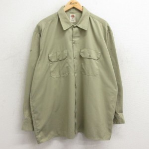 古着 ディッキーズ Dickies 長袖 ワーク シャツ メンズ 大きいサイズ ベージュ カーキ XLサイズ 中古 トップス 中古 古着