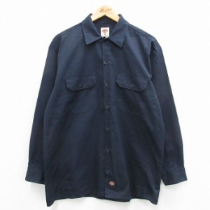 古着 ディッキーズ Dickies 長袖 ワーク シャツ メンズ 紺 ネイビー Lサイズ 中古 トップス 中古 古着