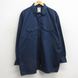 古着 ディッキーズ Dickies 長袖 ワーク シャツ メンズ 大きいサイズ ロング丈 紺 ネイビー XLサイズ 中古 トップス 中古 古着